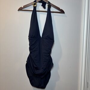 Lauren‎ Ralph Lauren Halter One Piece Swimsuit Blue Ruched Gold Ring Retro Sz 14